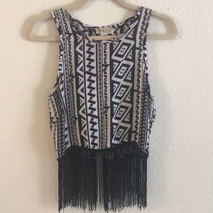 Black and white Aztec print crop top with fringe